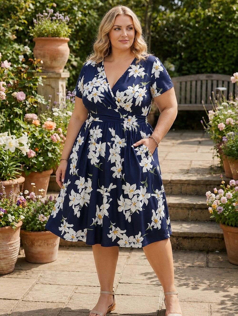 OUGES Navy Floral Faux Wrap Dress XXL White Lily Short Sleeve Dress with Pockets
